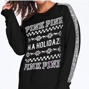PINK VS "IN A HOLIDAZE" Sequin Bling Long Sleeve Shirt Top Crewneck Tee Size L
